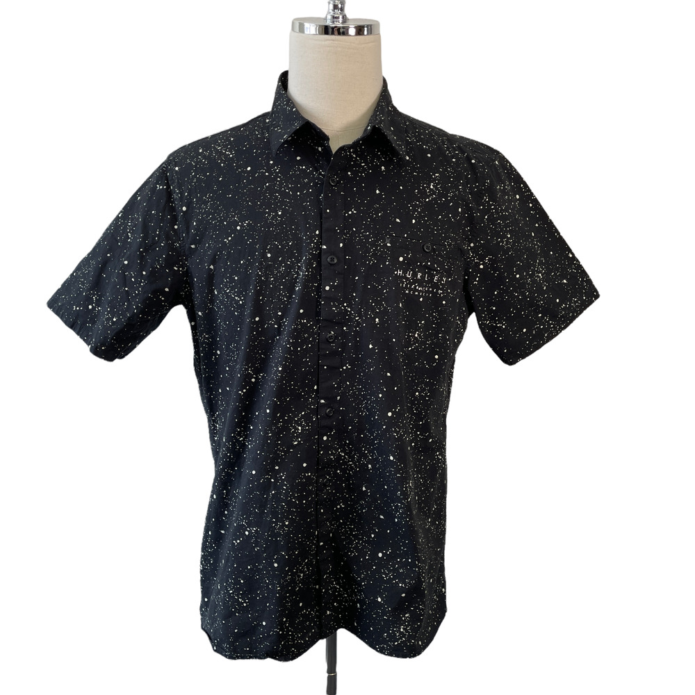 Hurley Mens Large Black Paint Splatter Button Shirt Short Sleeve Tailored Fit